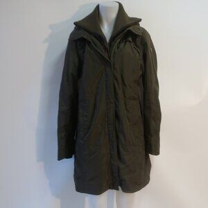 Womens Postcard Military Green Hooded Lined Zip Snap High Neck Trench Coat 10